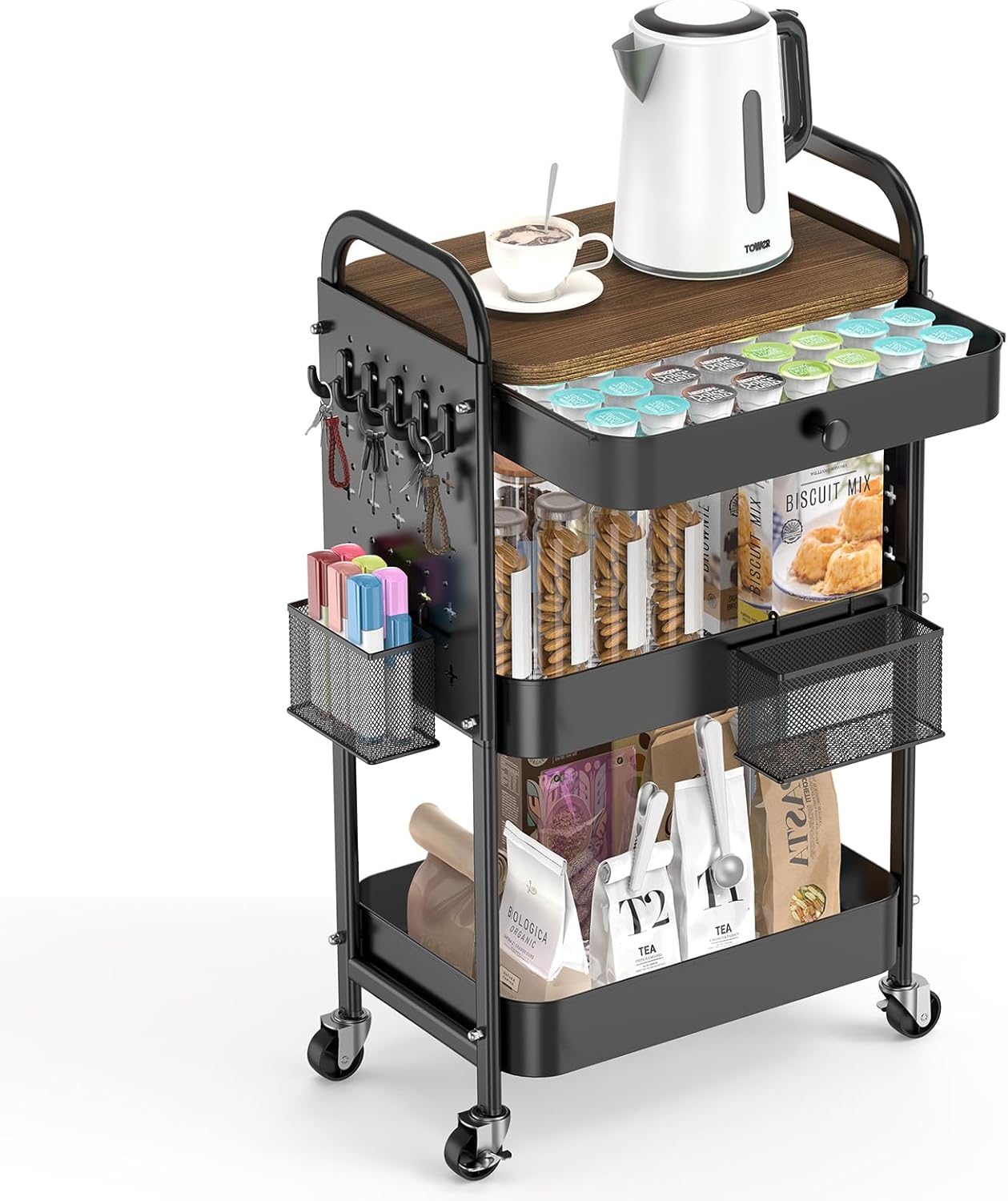 ALVOROG Rolling Cart with Drawer and Wood Table Top, 3 Tier Metal Rolling Utility Cart on Wheels with DIY Pegboards, Hanging Baskets, Hooks for Bedroom,Office,Craft Supplies (Black)