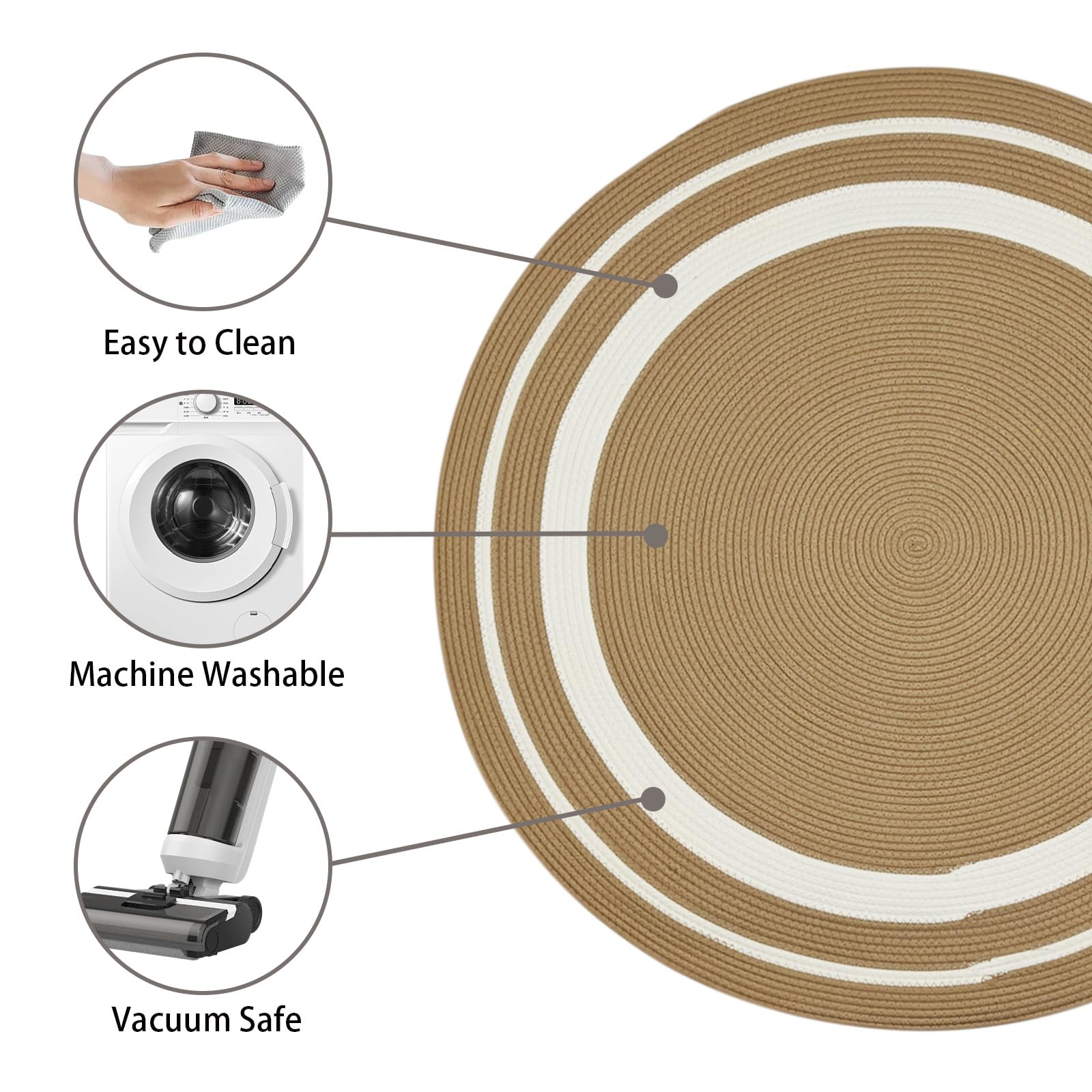 USTIDE Tapis tressé en coton tressé rond beige naturel bohème vintage pour terrasse, chambre à coucher, salon, entrée, rond, 120 cm
