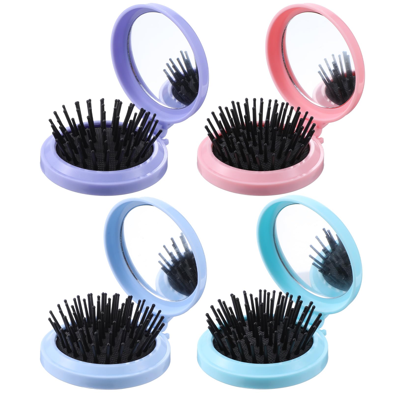Wanmu 4 Pcs Folding Travel Mirror Hair Brushes, Portable Round Pop up Pocket Brush