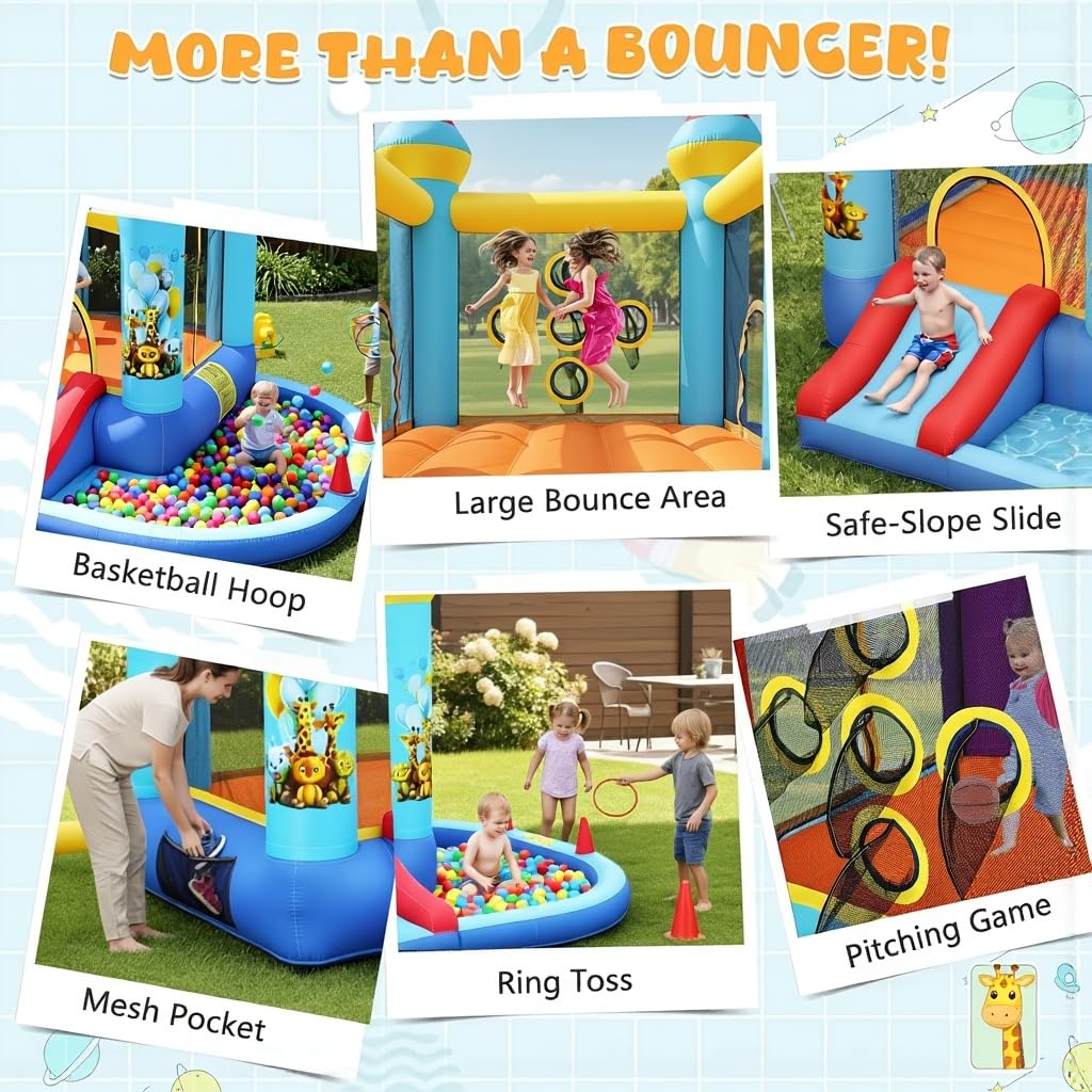 AKEYDIY Castillo Hinchable con Tobogán y Piscina de Bolas 310 x 265 x 215 cm, para Niños de 3 a 10 Años, para Interior/Exterior (Azul con Piscina)