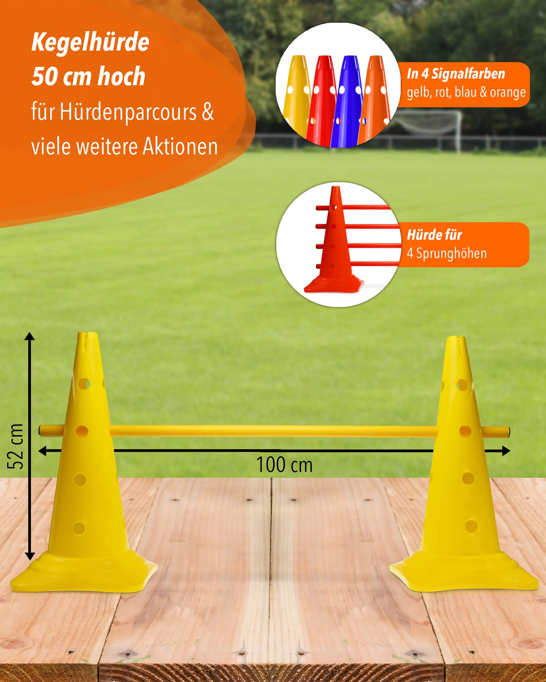 Combi coni ostacoli 50 con aste, 100 cm, set da 4 pezzi, ostacolo al parcours, per allenamento agility, cappelli salto e slalom per cani, sport, cavallo e bambino