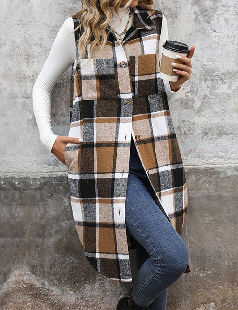 Mywinway Long Plaid Vest for Women Fall Winter Sleeveless Blazer Jackets Outerwear Trendy Tops - Image 4