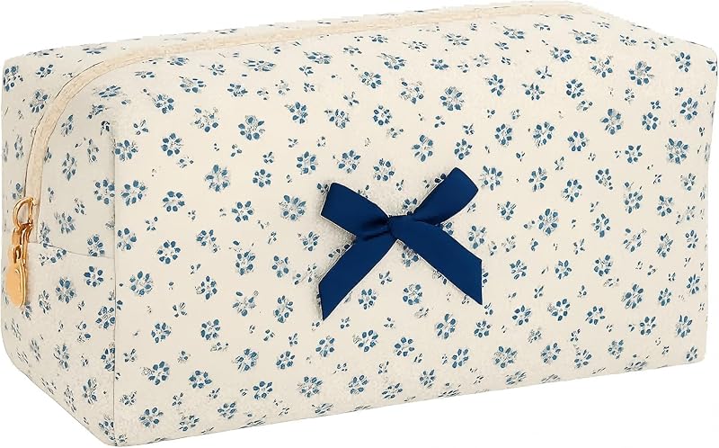 Necessaire de maquiagem OIMEI em algodão matelassê com estampa floral, zíper e forro – O1 Navy Floral