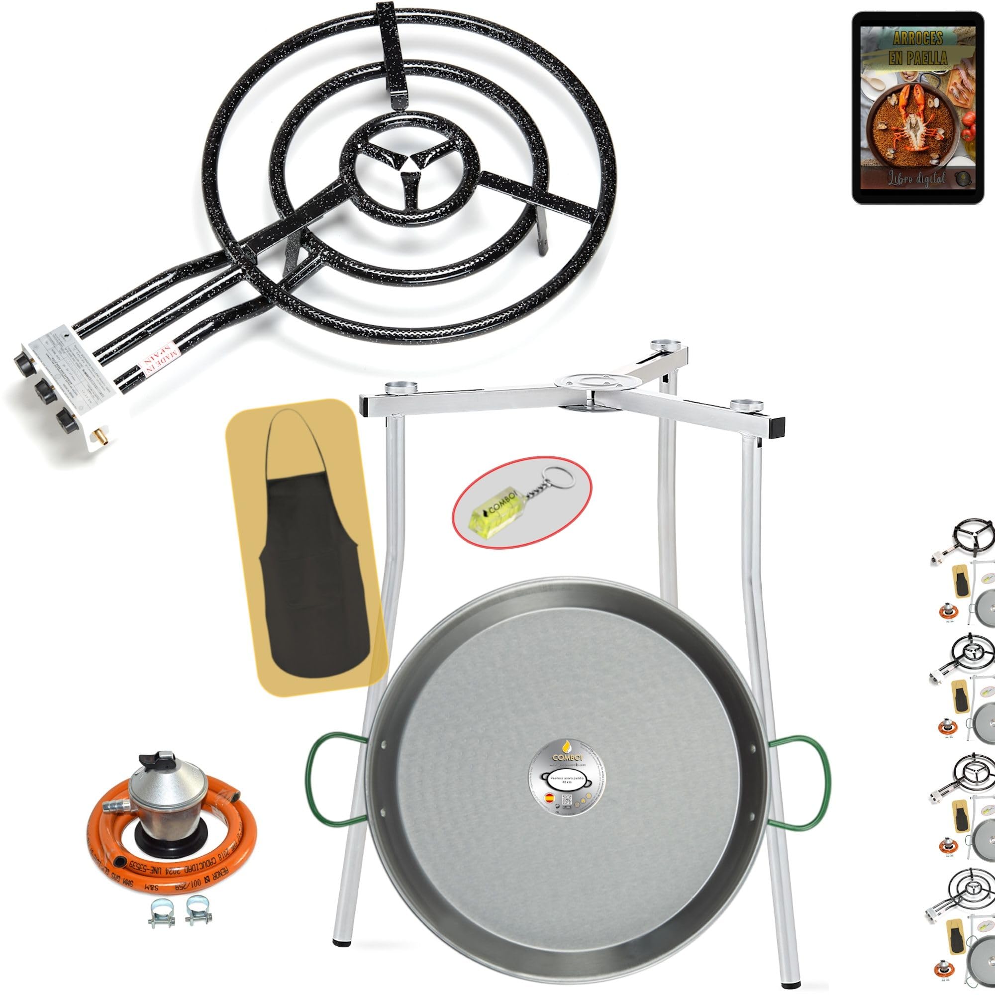 COMBOI Poêle à paella gaz butane 60 cm, poêle à paella 70 cm, brûleur, régulateur de gaz, tuyau, pieds trépied, niveau à bulle, tablier, livre de recettes numérique (set 600 + pieds de trépied)