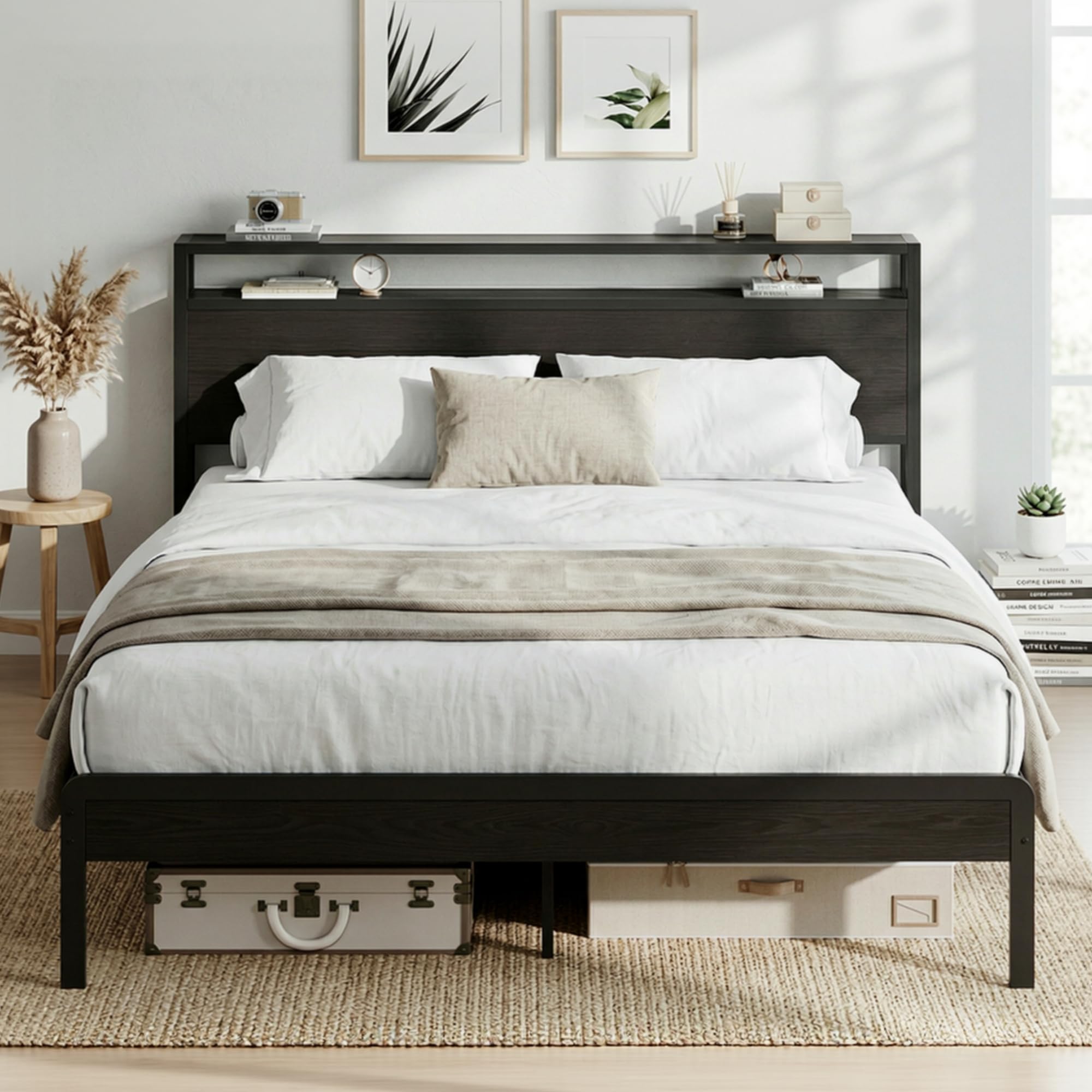 LIKIMIO Full size bed frame with 2-tier storage shelf headboard