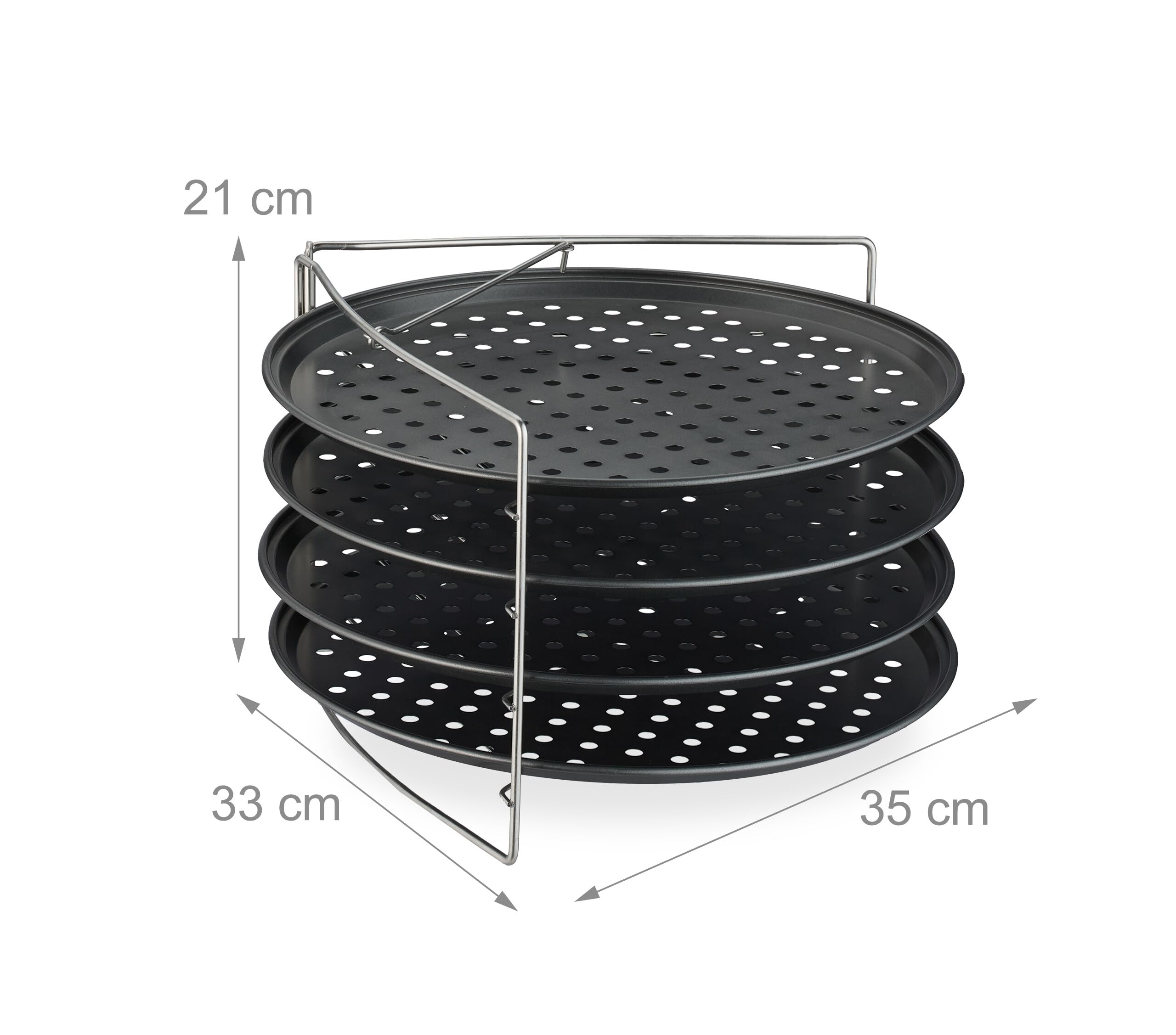Relaxdays Pizzablech, Set de 4, con Soporte, Antiadherente, Acero al Carbono, Bandeja crujiente, Antracita/Plata