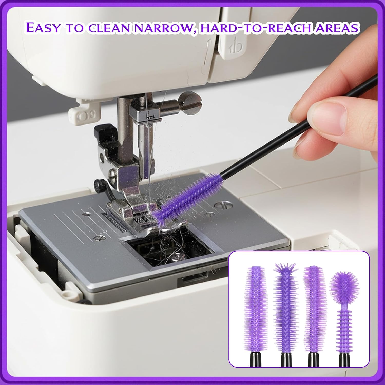 60 Pcs Sewing Machine Cleaning Brushes, Reusable Silicone Cleaning Tools Kit, 4 Styles Small Crevice Brushes for Internal and Spool Area, Purple