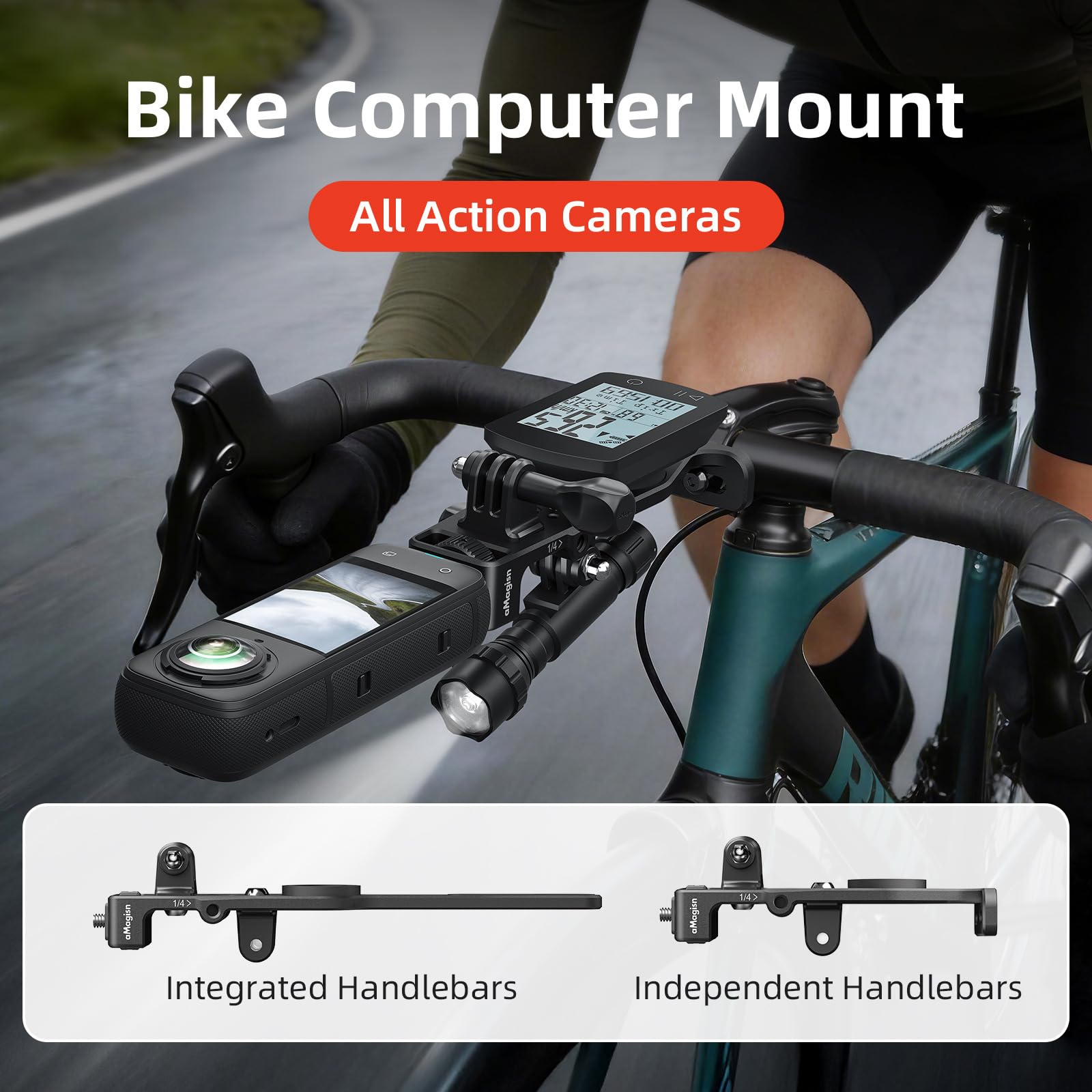 Supporto Ciclocomputer per Insta360 Go Ultra/DJI Osmo Action 6 Supporto Action cam Accessori per Insta360 X5 Air/DJI Osmo Nano/GoPro (Manubrio Integrato)