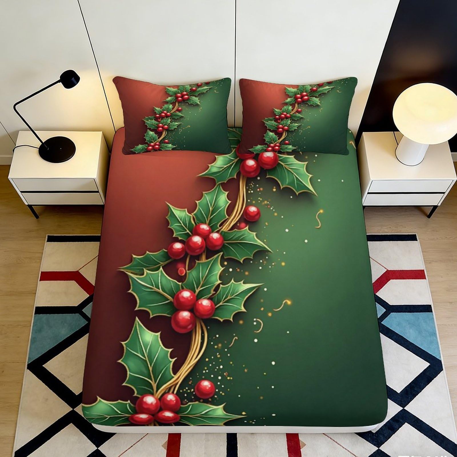 3D Printed Christmas Holly Fitted Sheet Microfiber Soft Breathable Festive Berry Bed Cover for Bedroom Dormitory Guest Room Mattress Protection Decor 200x200x25cm