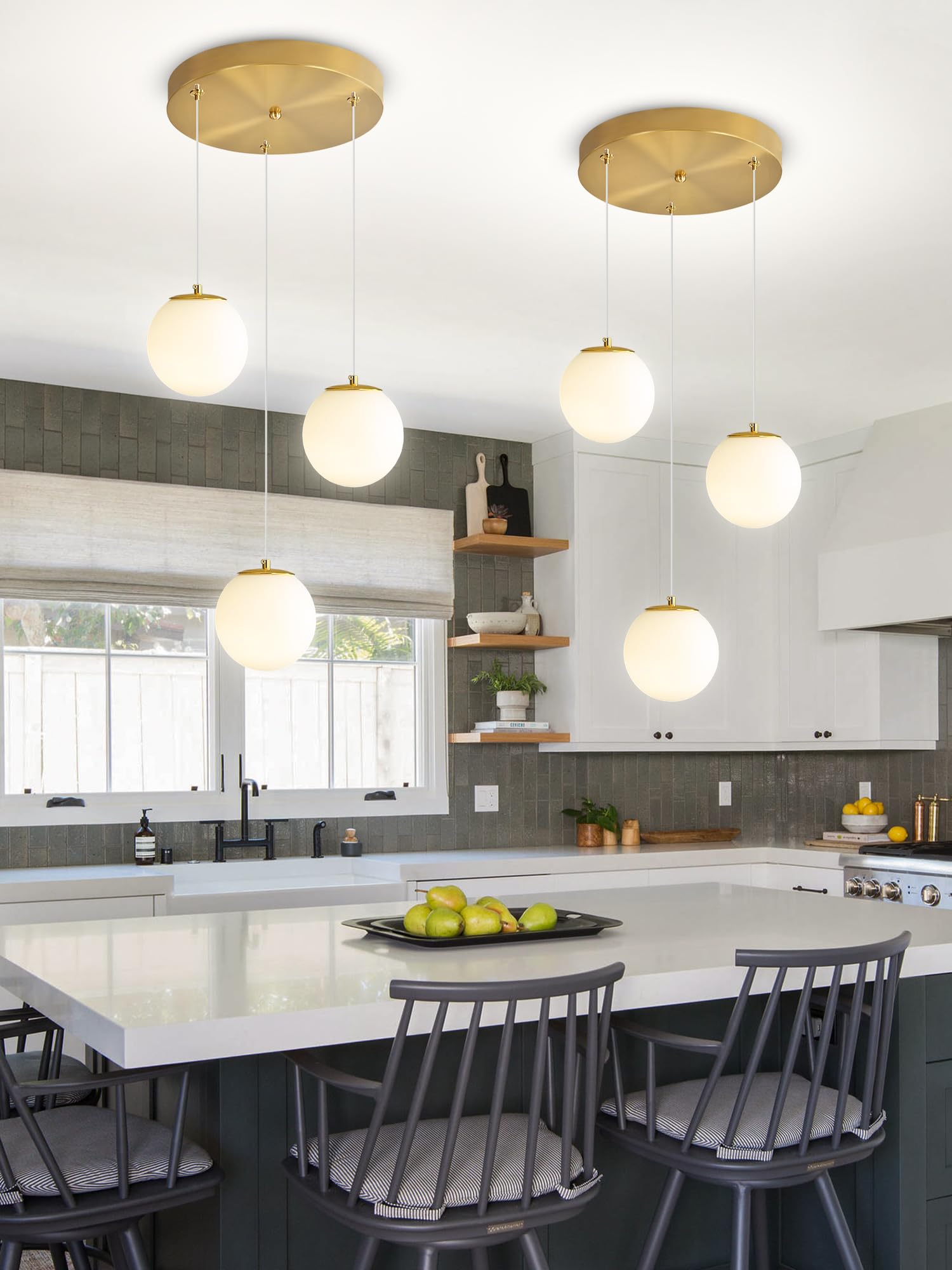 HYJAUSXB Modern Celing ht 3-hts Globe Glass Pendant Gold White Chandelier Mid Century Hanging Fixture for Kitchen Island Foyer Hallway Dining Room