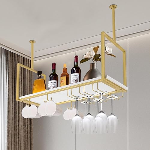 Miniatura 9 de Estante rústico para copas de vino, 31.5 pulgadas, soporte de metal para copas de vino, soporte para tazas y estante, barra de techo de metal para