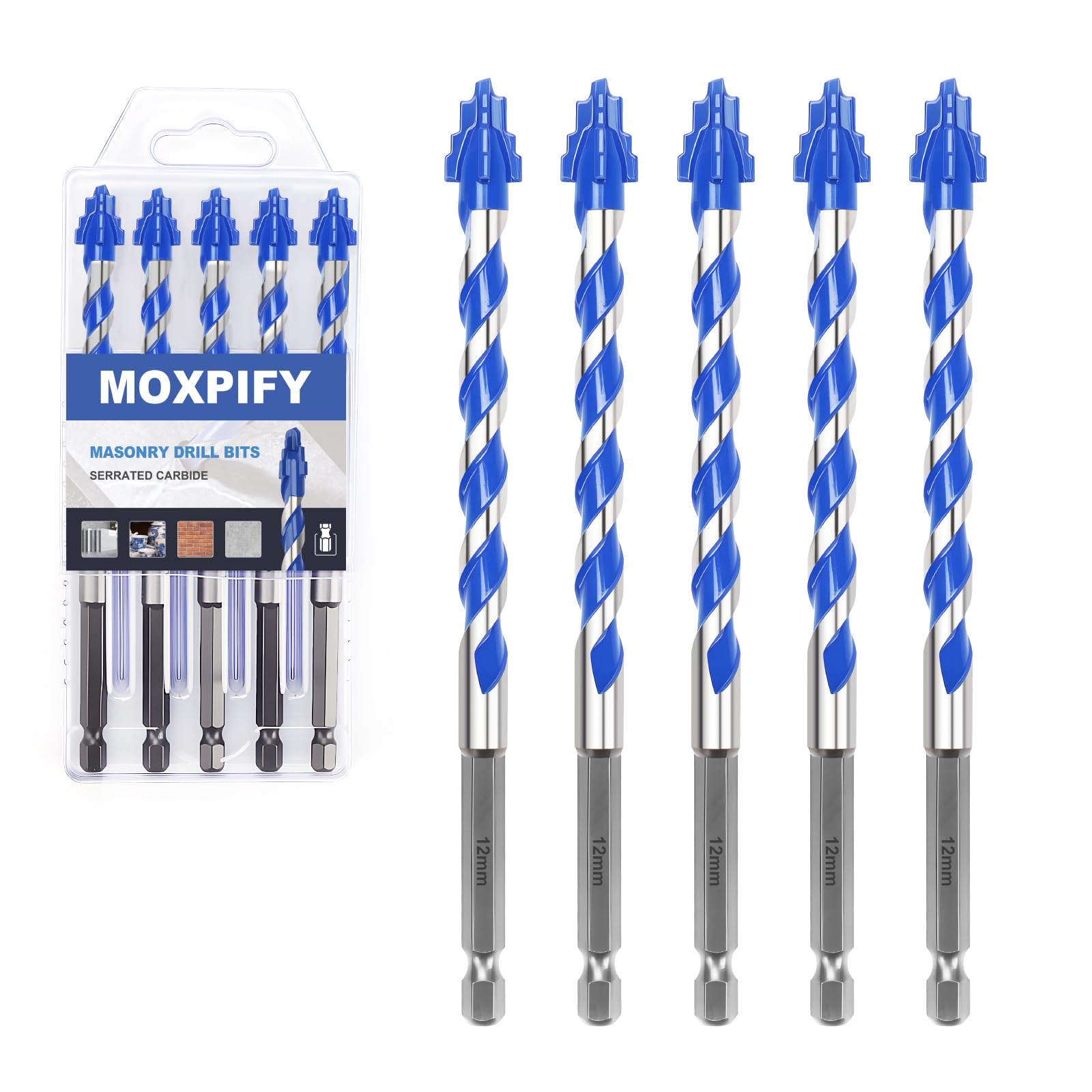 MOXPIFY 5PCS 12mm x 150mm Masonry Drill Bits Set, Porcelain Tile Drill Bit, Tungsten Carbide Drill Bit for Tile, Glass, Ceramic, Marble, Concrete, Brick, Granite, Wood