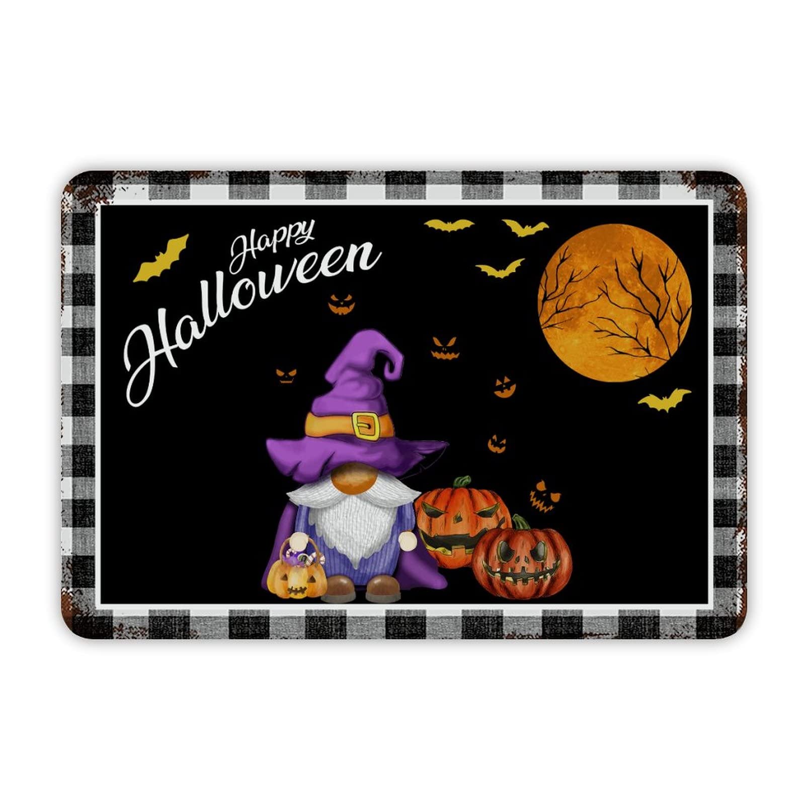 ENEDNATE Happy Halloween Gnome Pumpkins Aluminum Tin Metal Sign for Indoor Outdoor Business Retail Store Patio Yard Home Decoration Easy to Mount Wall Art Print Poster 8x12 Inch