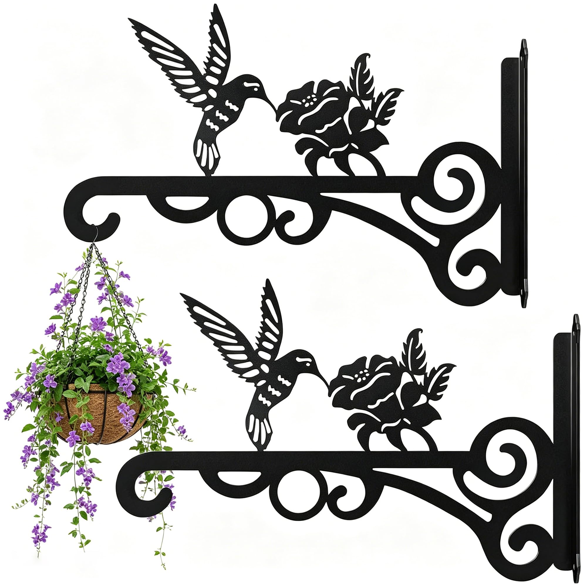Shunshi 2 Pack Hanging Basket Brackets Outdoor, Heavy Duty Plant Brackets Wall Mounted Black Iron with Screws, for Plants, Flowers, Wind Chime, Lantern (Flower & Bird Pattern)