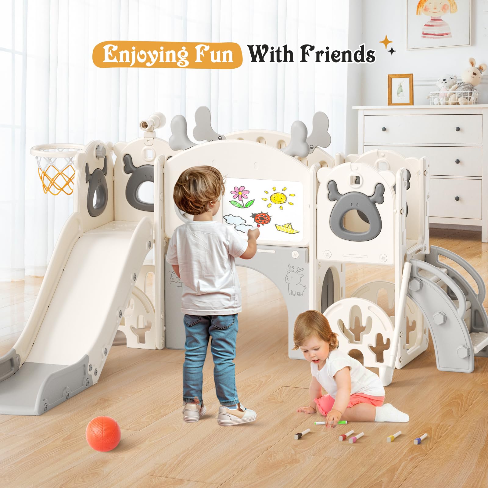 Tobogán 7 en 1 para niños pequeños, tobogán con temática de Alce navideño y Juego de Golf, tobogán para bebés de 1 a 3 años (Beige Gris- 7 en 1)