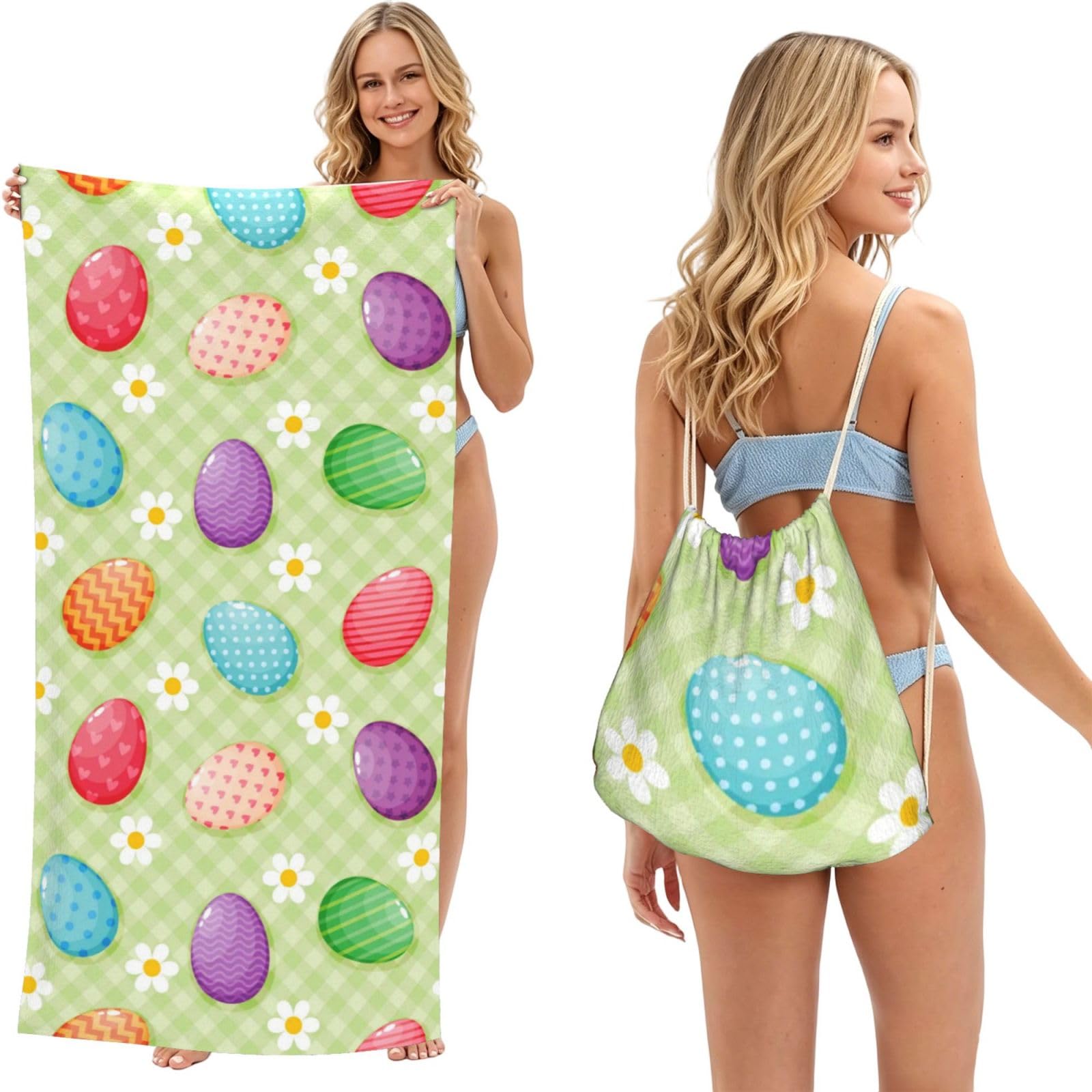 Poadnly As Picture Happy Easter Colorful Easter Eggs, 2 In 1 Packable Towel Bag, Beach Towels With Drawstring Backpack For Travel Holiday Camping