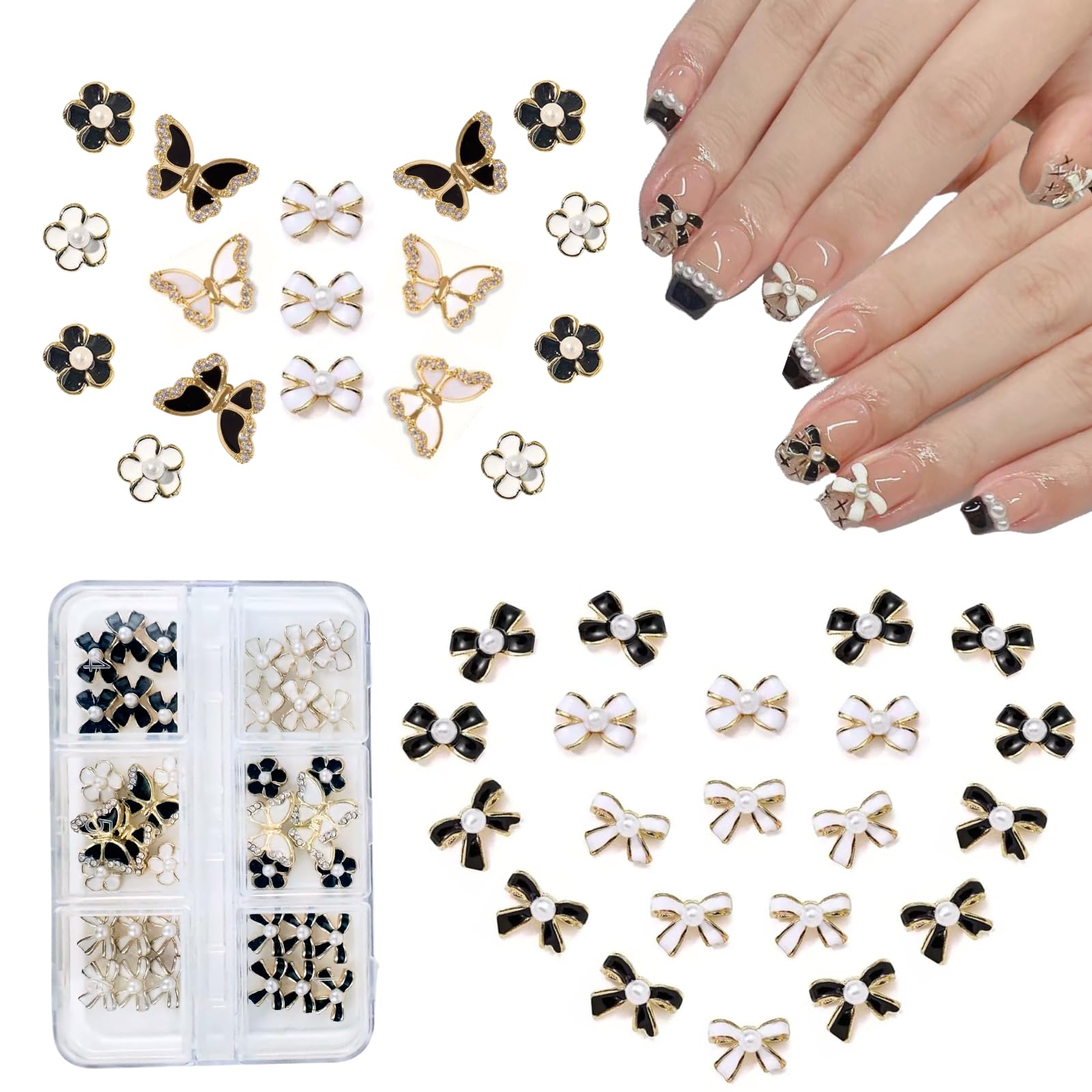 Elegant Bow Butterfly Flower Nail Charms Cute Black White Nail Rhinestones Pearls Charms 3D Gold Alloy Nail Gems Cute Luxury Nail Art Supplies for