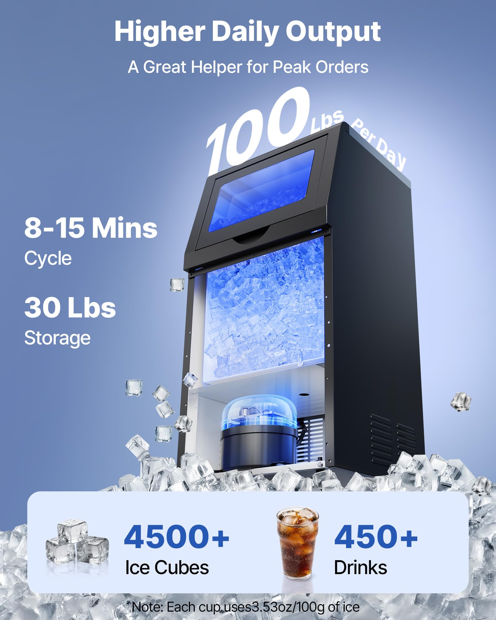 VEVOR Macchina per Cubetti di Ghiaccio Commerciale 45 kg/24 h Acciaio Inox | Fabbricatore di Ghiaccio Capacità Stoccaggio 7,3-13,3 kg, Spessore Regolabile, Display LED Funzione Autopulente Bar Hotel