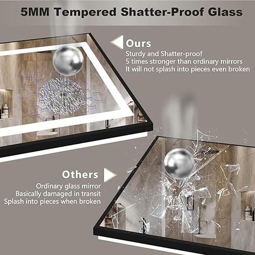 Miniatura 5 de OKPAL Espejos de baño iluminados de 44 x 36 pulgadas, espejo de baño LED con marco negro, antiempañador, regulable, inastillable, memoria, 3