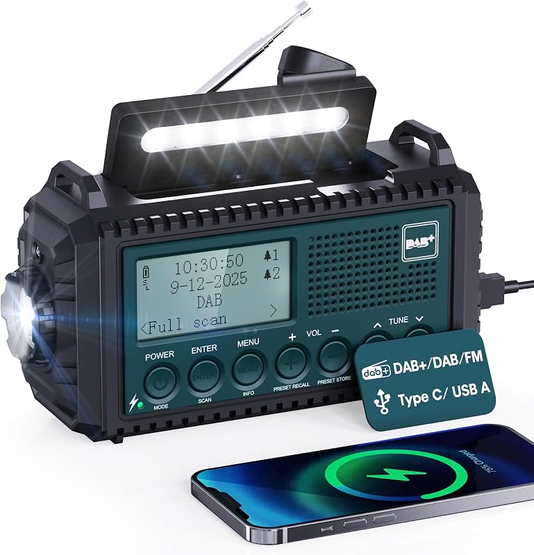 Radio de urgență DAB Mesqool 5000 mAh FM, cu încărcare solară și manivelă, lanternă, lampă de citit, baterie externă USB pentru camping și drumeții
