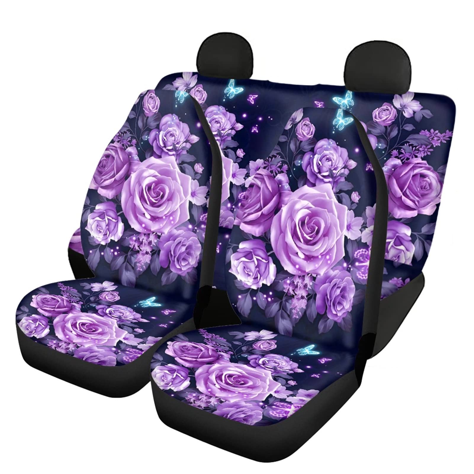 Auto-Zubehör mit violetten Rosen und Schmetterlingen, komplettes Set, 4-teilig, 2 Autositzbezüge + 2 Rücksitzschoner, geteilte Bankabdeckung, Schalensitz
