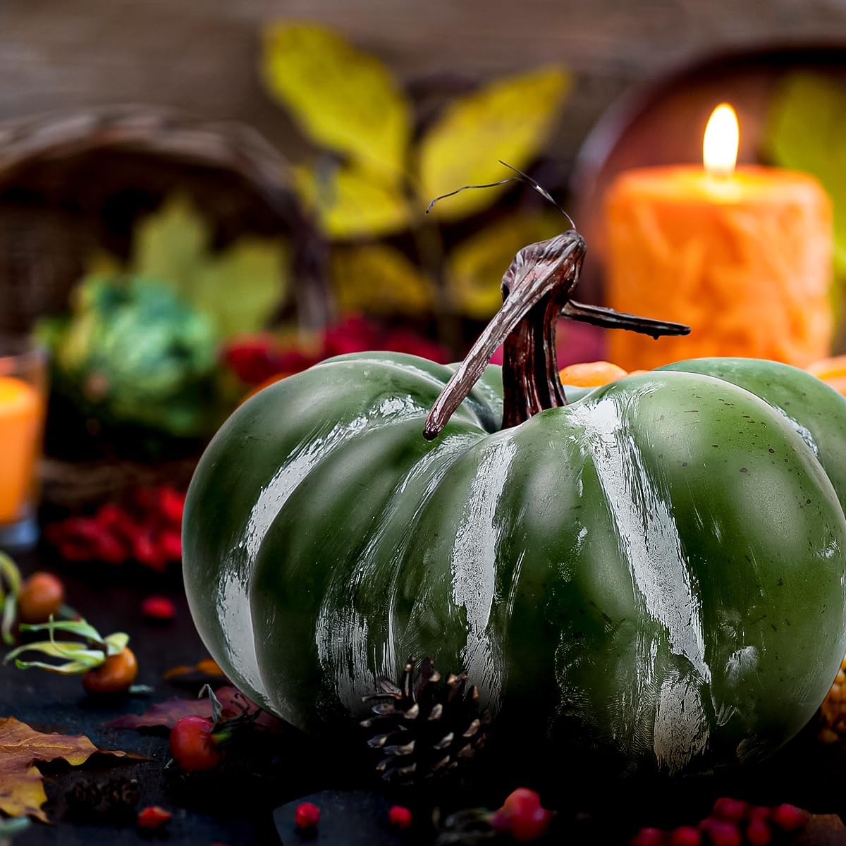 Gresorth 9.5 inch Fake Great Teal Pumpkin Halloween Decoration Artificial Crooked Cushaw for Outdoor Porch Autumn Fall Farmhouse Home Kitchen Decorating