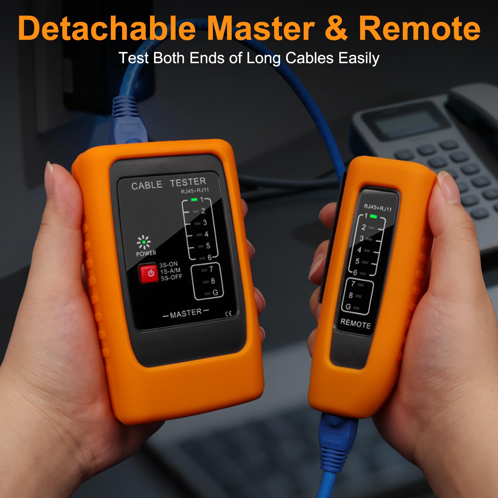 Tester Cavi di Rete RJ45 RJ11 con Test PoE fino a 300 m, Misurazione Lunghezza Cavo, Rilevamento Cortocircuito e Guasti, Compatibile CAT5 CAT6 CAT7 CAT8, Tester LAN per Ethernet e ISDN