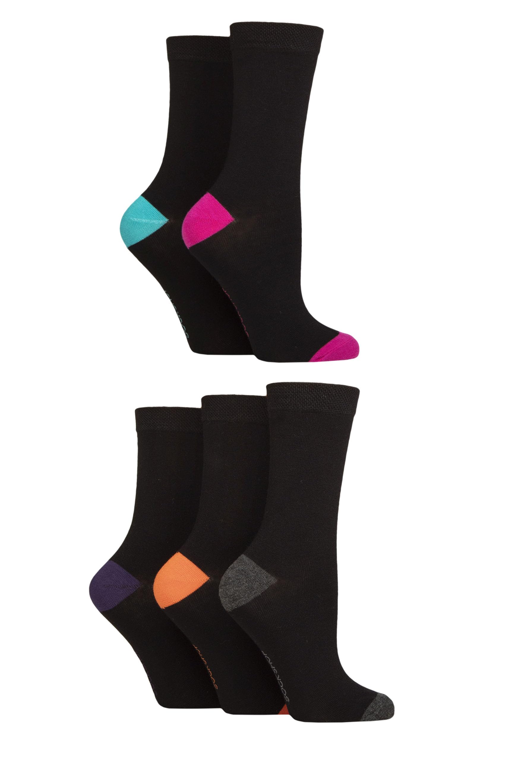 Sockshop Women's Contrast Black Bright Soft Bamboo Socks - Breathable, Cooling, Plain, Patterned & Striped In A 5 Pair Multipack Size 4-8