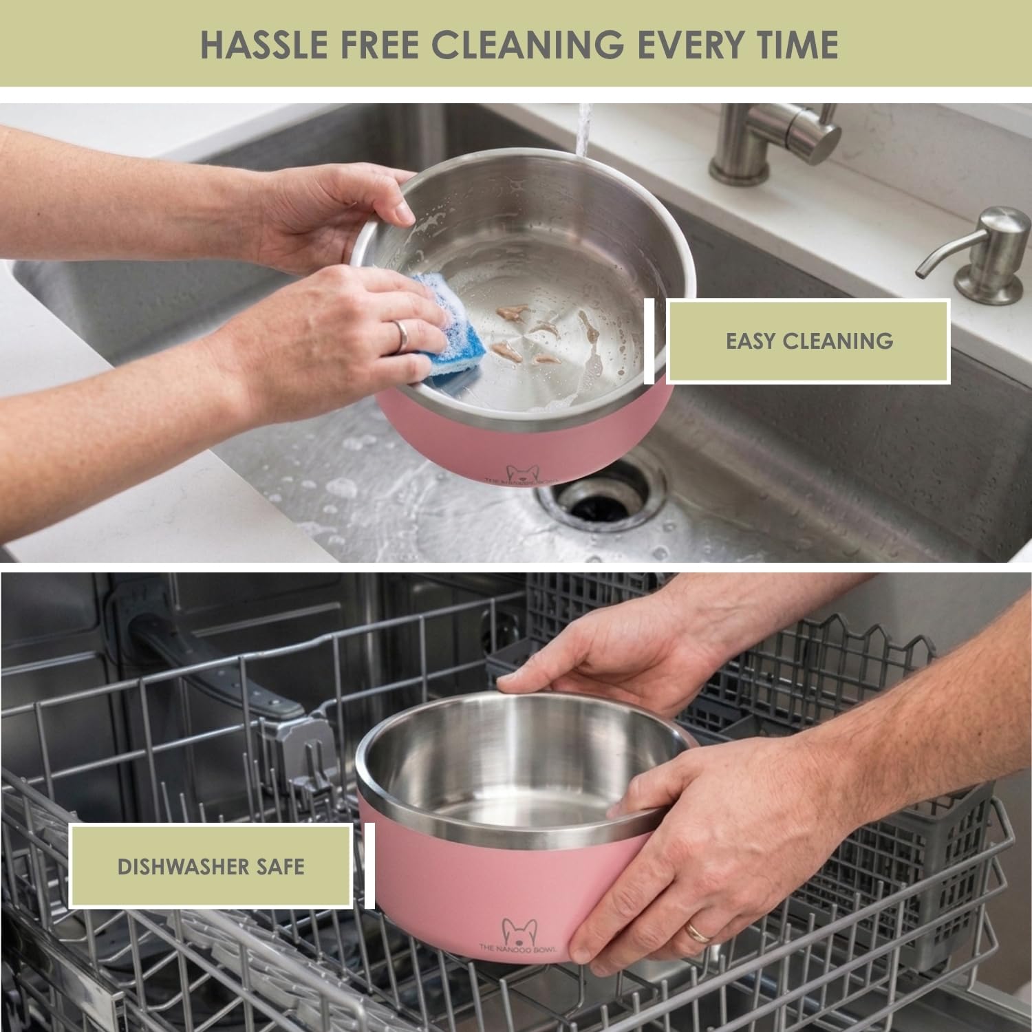 NANDOG Hundenapf für Futter und Wasser mit rutschfester Gummiunterseite, metallisolierte Edelstahl-Hundenäpfe, doppelwandig, langlebig und spülmaschinenfest, für alle Hunde (Rosa, groß)