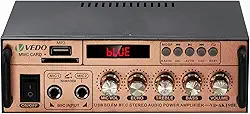 Amplificador de Áudio VEDO VD-AK198E 300W Peak - Bluetooth 5.0, 2 Entradas de Microfone para Karaokê, Suporta USB/SD/FM, Controle Remoto, Alimentação 220V/12V, para Falantes, Celular e Computador