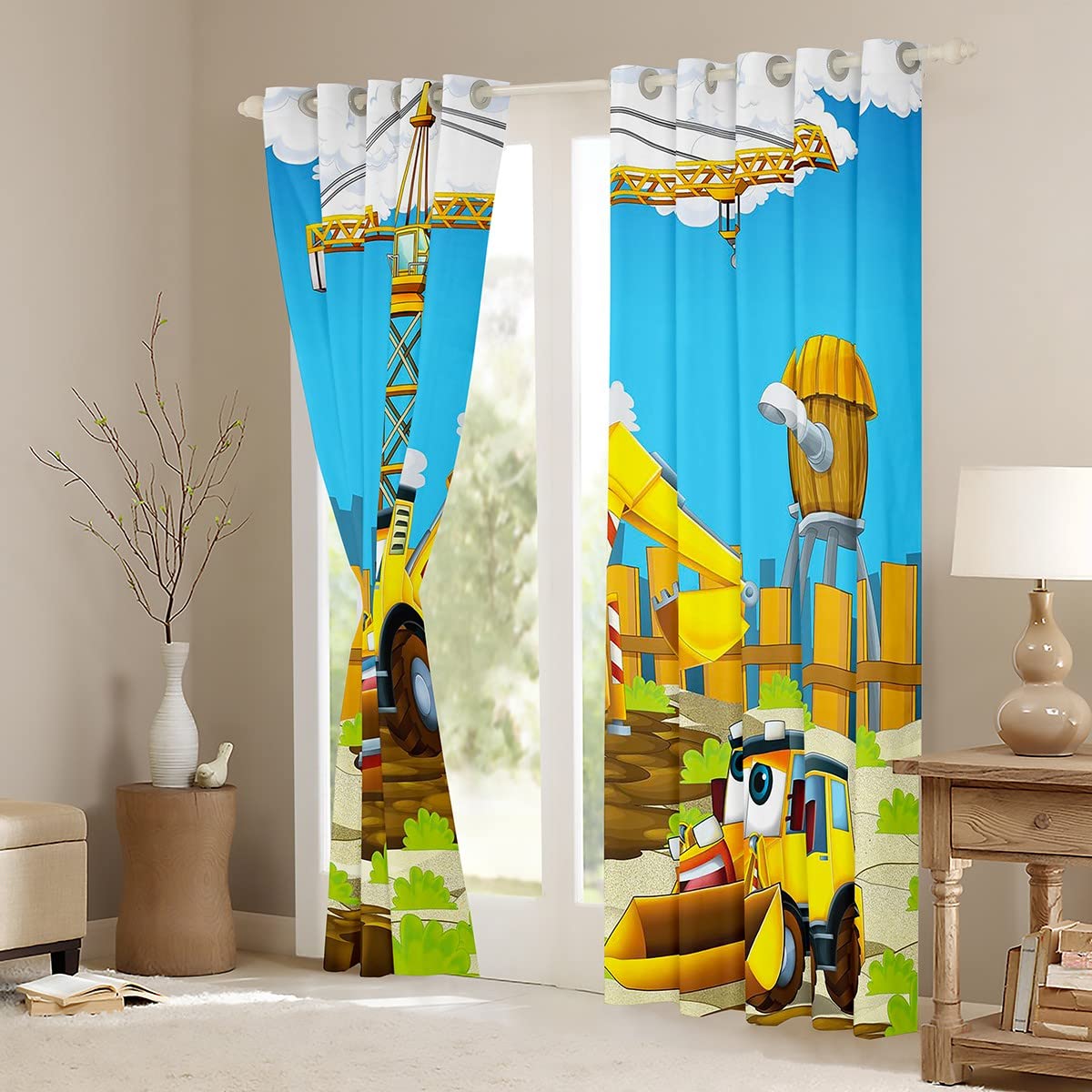 Loussiesd Kids Equipment Trucks Curtain Cartoon Construction Bulldozer Blackout Curtainfor Bedroom Machinery Cars Darkening Curtain Construction Site Window Drapes W52*L63 - Image 3