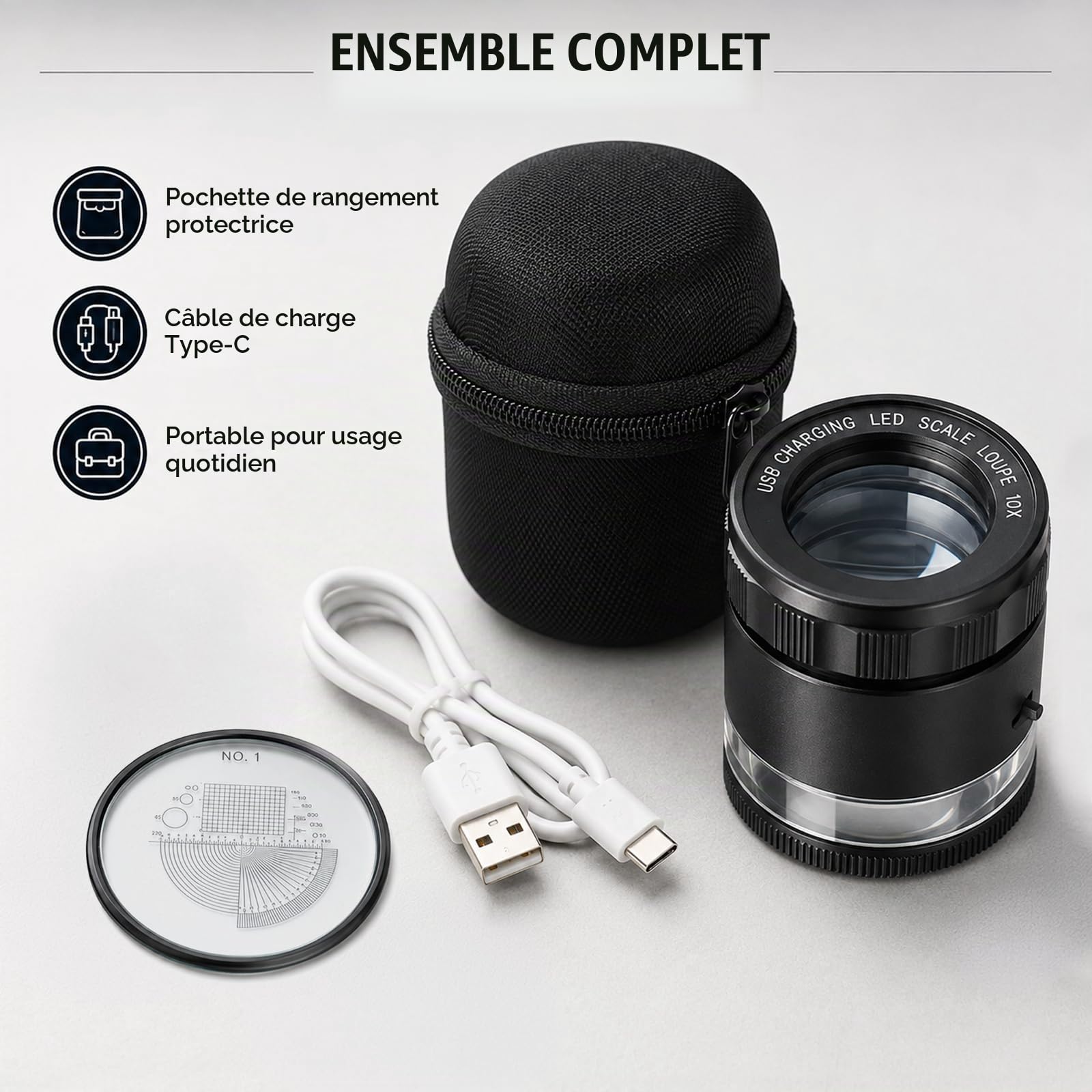 Loupe de bijoutier 10x avec échelle Rechargeable lumières LED lentille 25mm