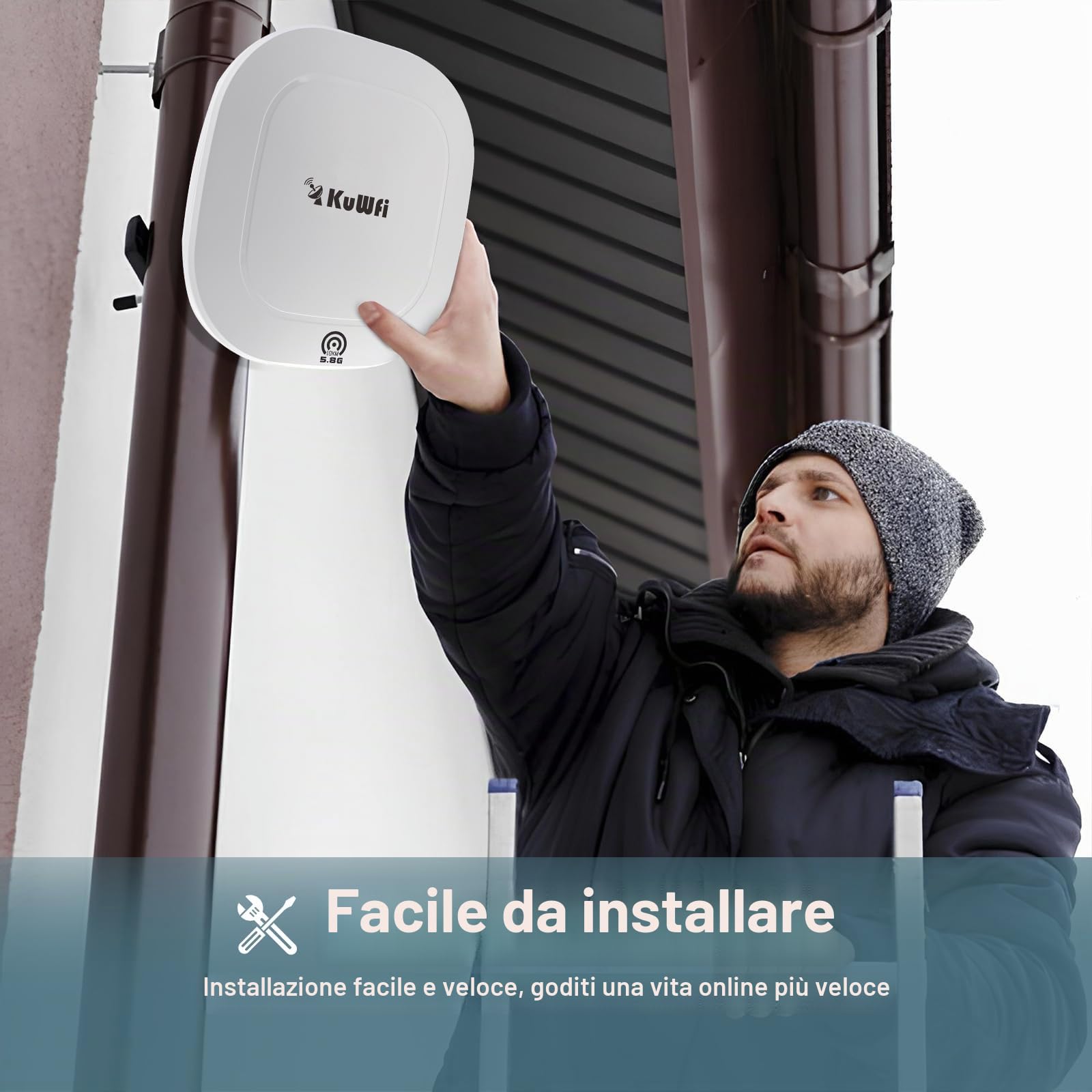 KuWFi Ponte WiFi Esterno 8 km 5,8 GHz 900 Mbps, Gigabit PoE | 2 porte RJ45 Gigabit, estensione di rete PTP/PTMP per Fattoria, Magazzino, Ascensore ed Edifici, con Gestione Cloud