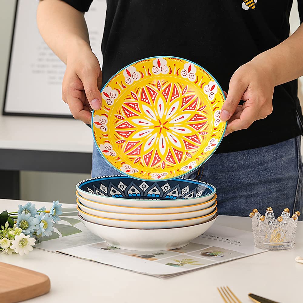 Assiettes Plates Assiette Creuse Porcelaine - Lot de 6 Assiette a Pates | Salade | Soupe | Dessert | Risotto - 680 ml - 20×4 cm