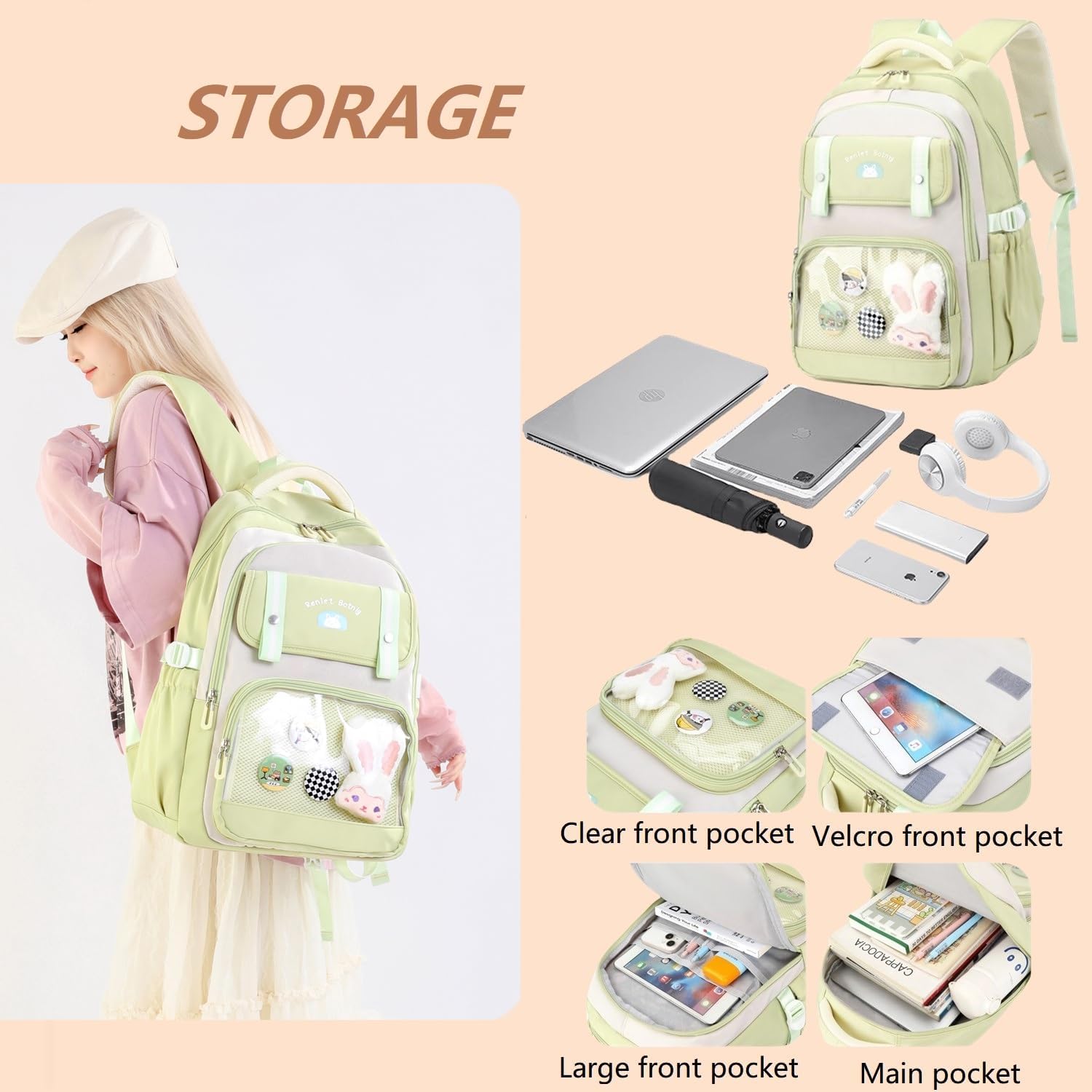 Kids Backpack for Teen Girls with Bunny Clear School Bag for Elementary Middle School Kawaii Bookbag for Women Pink - Image 5