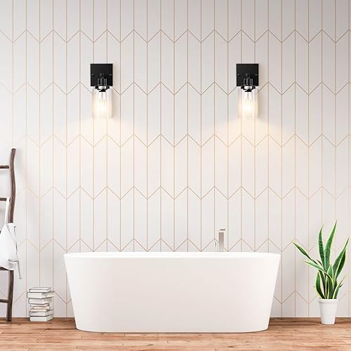Miniatura 7 de Towallmark Juego de 2 apliques de pared para baño, lámparas de iluminación de pared negro mate, luces de pared de granja con pantalla de vidrio