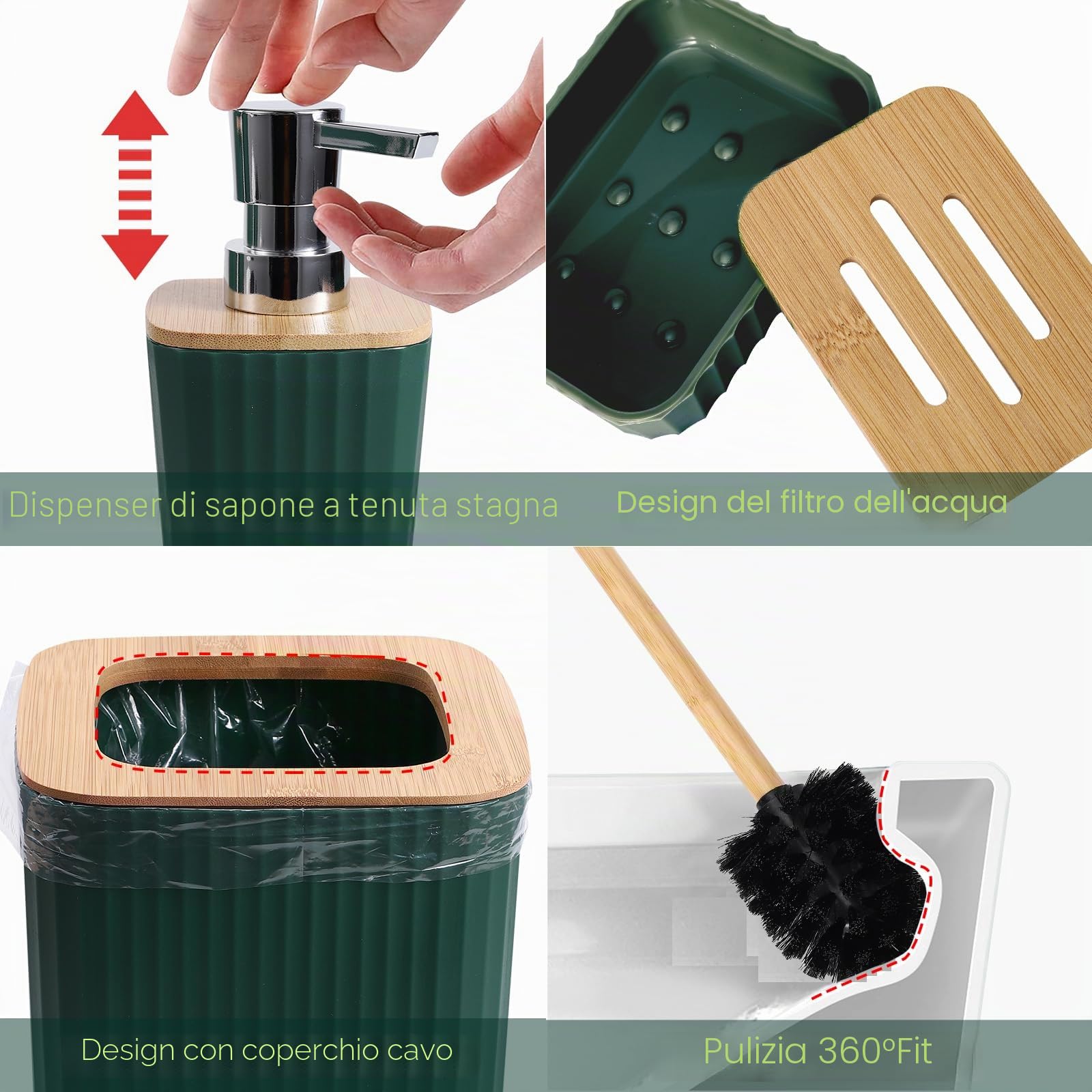 XLHOMO Set di accessori da bagno verde scuro, 9 pezzi verde con cestino, vassoio, dispenser di sapone, portaspazzolino, portaspazzolino, portasapone, scopino per WC e porta Q-tip