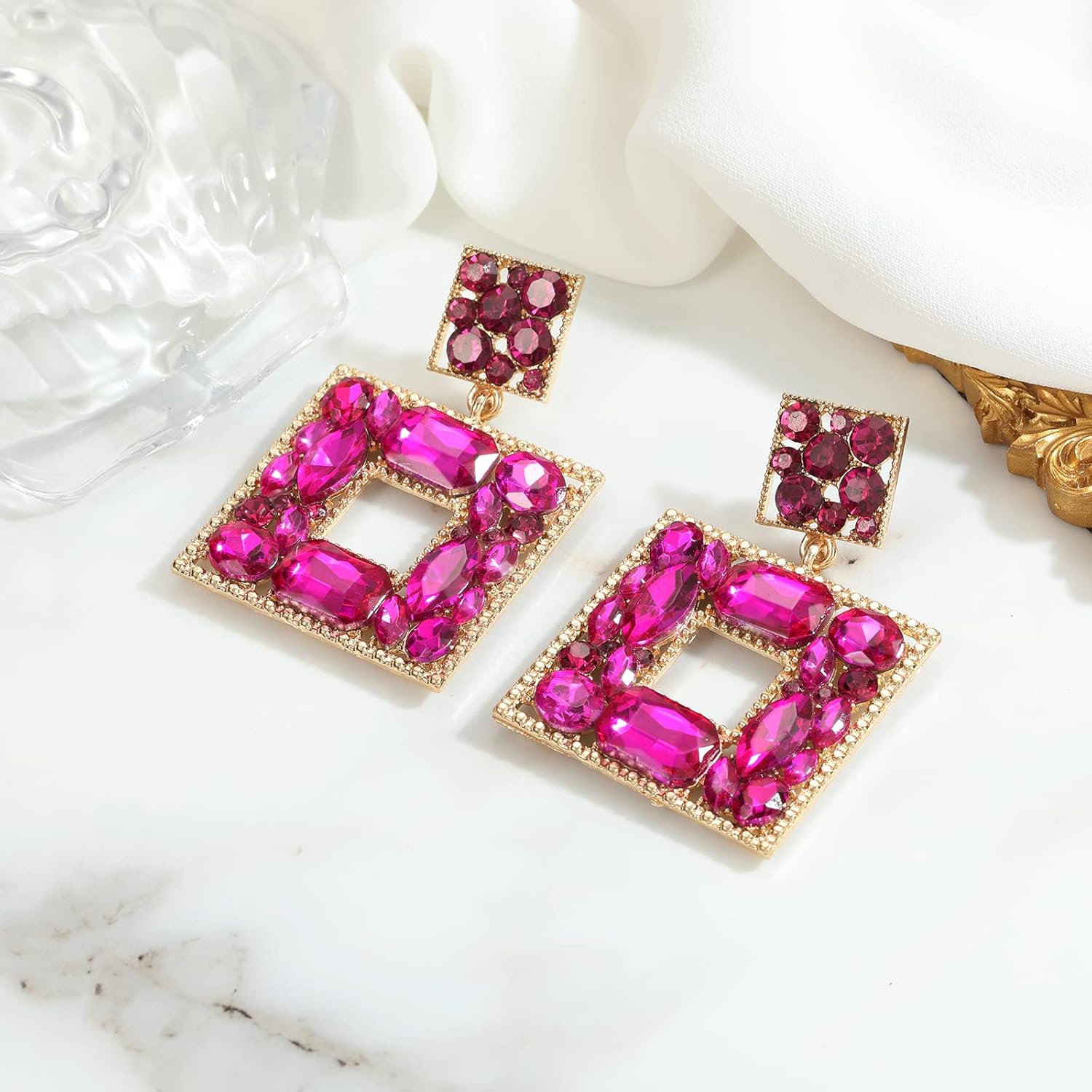 ATIMIGO Rhinestone Square Dangle Earrings Trendy Crystal Geometric Drop Statement Earrings hypoallergenic for Women - Image 2