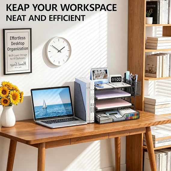 OPNICE Desk Organizers and Accessories, 4-Tier Desktop File Organizer with Drawer and Pen Holders, Office Desk Accessories Workspace Organizers for Office Supplies (Soft Black)