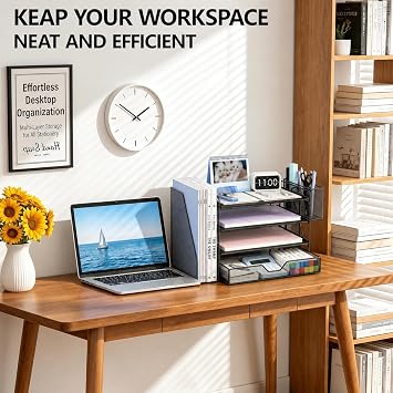 OPNICE Desk Organizers and Accessories, 4-Tier Desktop File Organizer with Drawer and Pen Holders, Office Desk Accessories Workspace Organizers for Office Supplies (Soft Black)