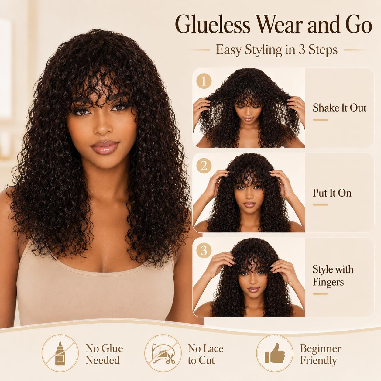 Wig with Bangs 22 Inch Deep Wave Wig with Bangs Wet and Wavy Glueless Non-Lace Front Wig Machine Made Curly Human Hair Wigs 150% Density Brazilian Virgin Hair for Women Natural Color
