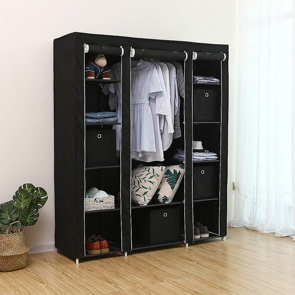 Armadio in Tessuto, Guardaroba, 172 * 134 * 43cm,3 Sezioni Appendiabiti, Ripiani Portaoggetti,con Asta per Abiti con Copertura, Capiente, per Camera da Letto e Soggiorno, Nero