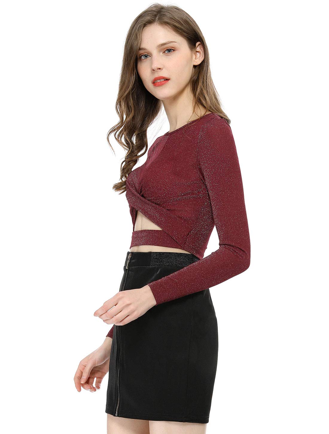 Allegra K Donna Top Festa Paillettes Twist Maniche Lunghe Taglio Cropped | Camicia Lucida con Design Frontale Completo Leggermente Elasticizzata Ottima per Club Concerto Cosplay