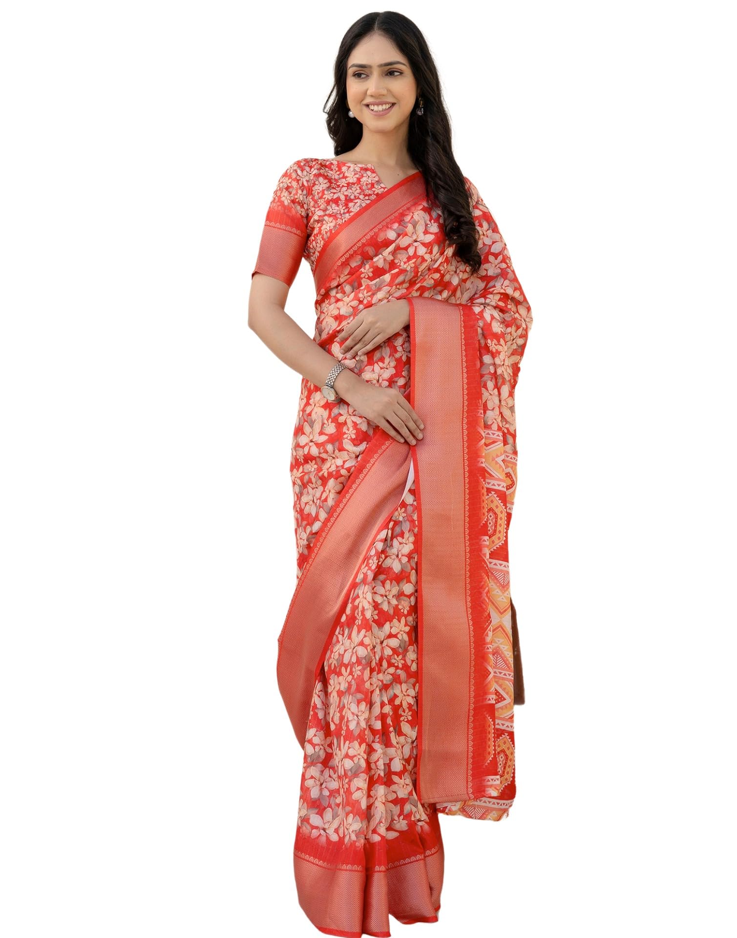 SIRIL Women's Silk Printed Ready to Wear Saree With Unstitched Blouse Piece
