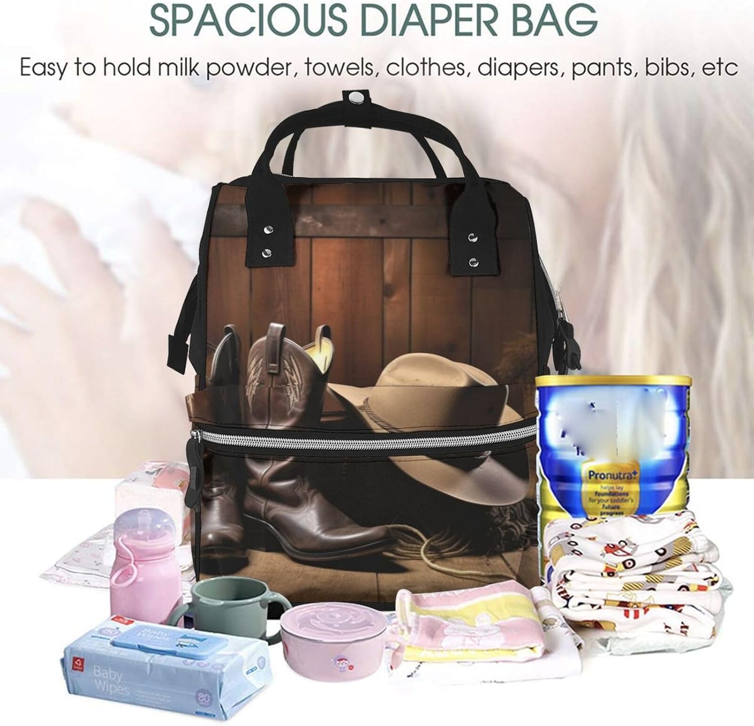 Cowboy Black Hat Western Boots Diaper Bag Backpack for Women Multifunction Waterproof Mummy Backpacks for Mom Dad, Large Capacity Nappy Bag with Changing Pad Casual Daypack Travel Bags