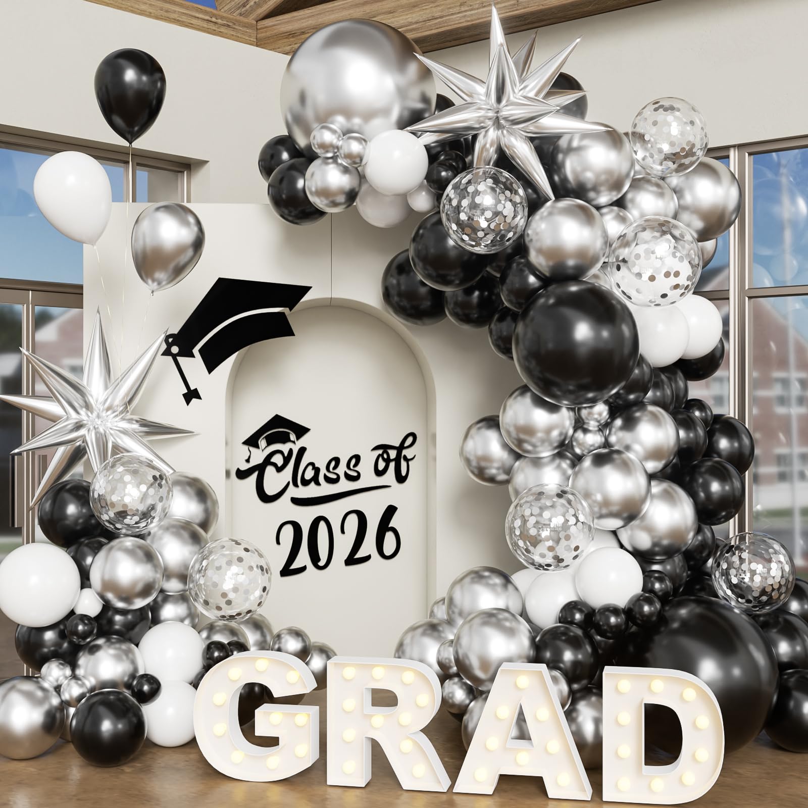 Photo 1 of Black Silver Balloon Arch Kit Graduation Decorations 2026, 130Pcs Black and Gold Balloons and Foil Star Balloon with Confetti Ribbons Grad Party Decorations for College High School Class of 2026