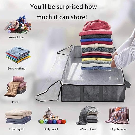 2-Pack 90L Under Bed Storage Containers, Reinforced Handles & Clear View Design, Foldable Breathable Bags for Blankets, Comforters, Sweaters, Pillows (Gray)