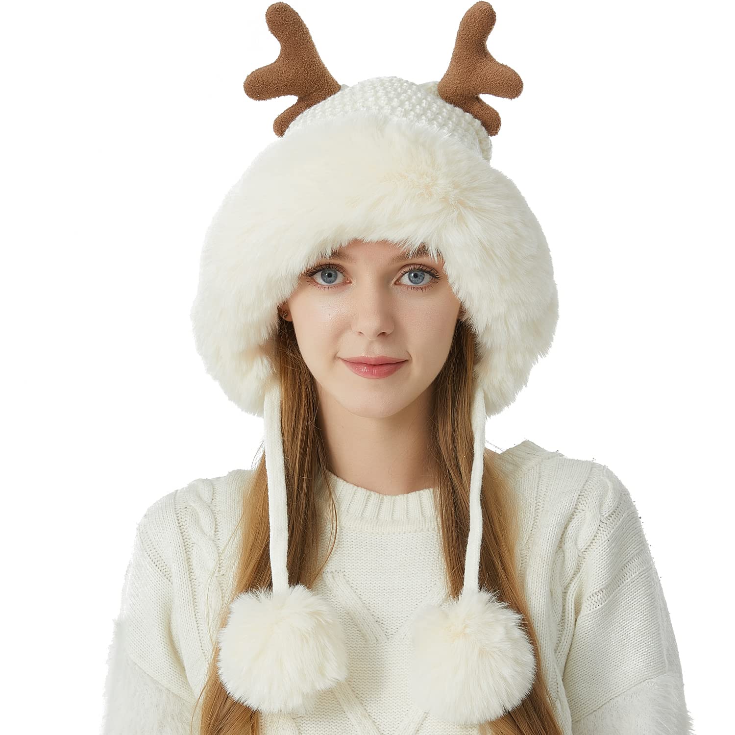 HUAMULAN Women Winter Beanie Hat Ear Flap Peruvian Warm Slouchy Fleece Lined Pompoms Knit Cap Sherpa Ski Snow Hats