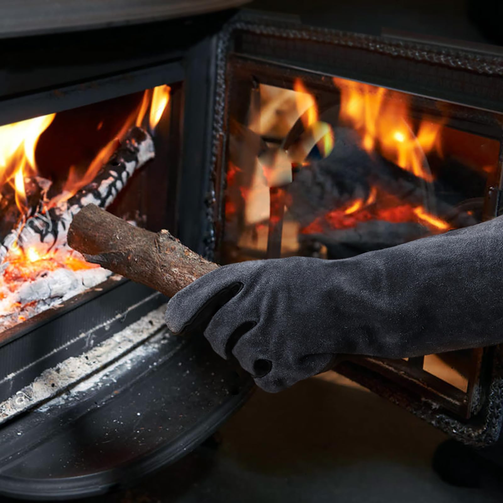 OZERO Gants Cheminée et Barbecue Anti Chaleur | Cuir de Vachette, Manchette Longue pour Poêle à Bois, Four, Soudure et Insert, Gris