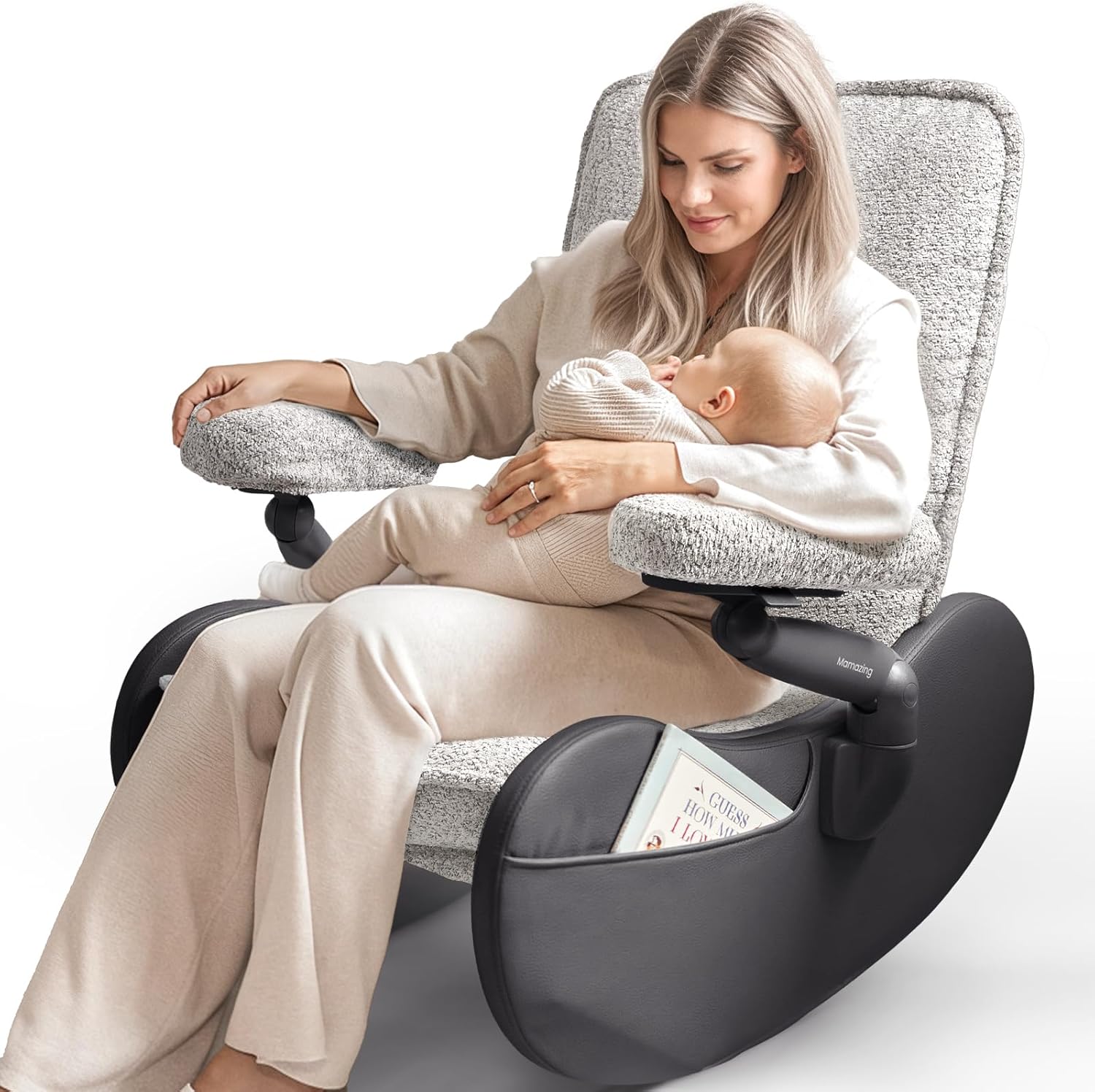 MAMAZING Lullabud Nursery Rocking Chair Glider with Adjustable Armrests for Breastfeeding, Upholstered Nursing Chair with Removable Cover for Mom and Baby(Black/Grey)